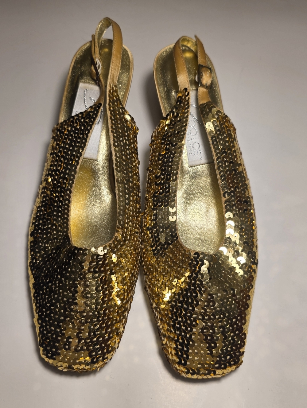 Gold Slingback Mary Jane Shoe Sequin Satin block heels Vintage Coquette Size 8.5